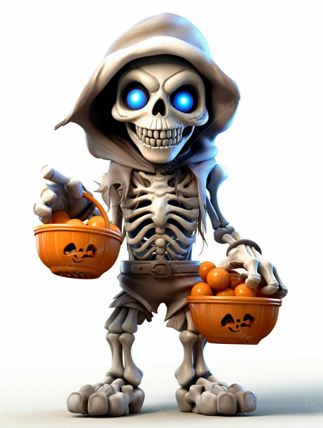 Esqueleto fofo com doces de Halloween