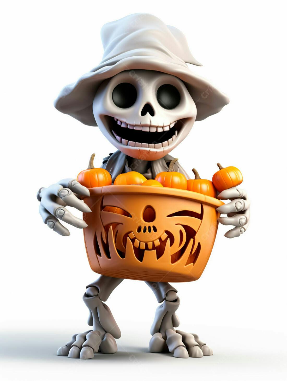 Esqueleto com abóboras de Halloween