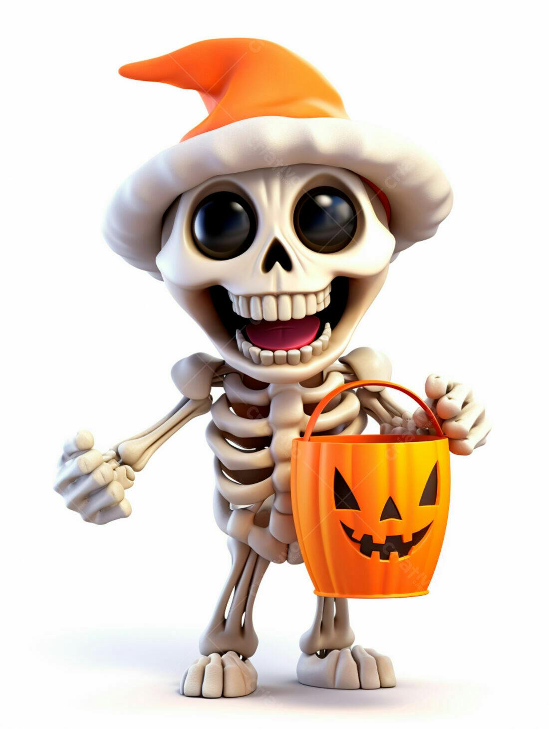 Esqueleto fofo com balde de doces de Halloween
