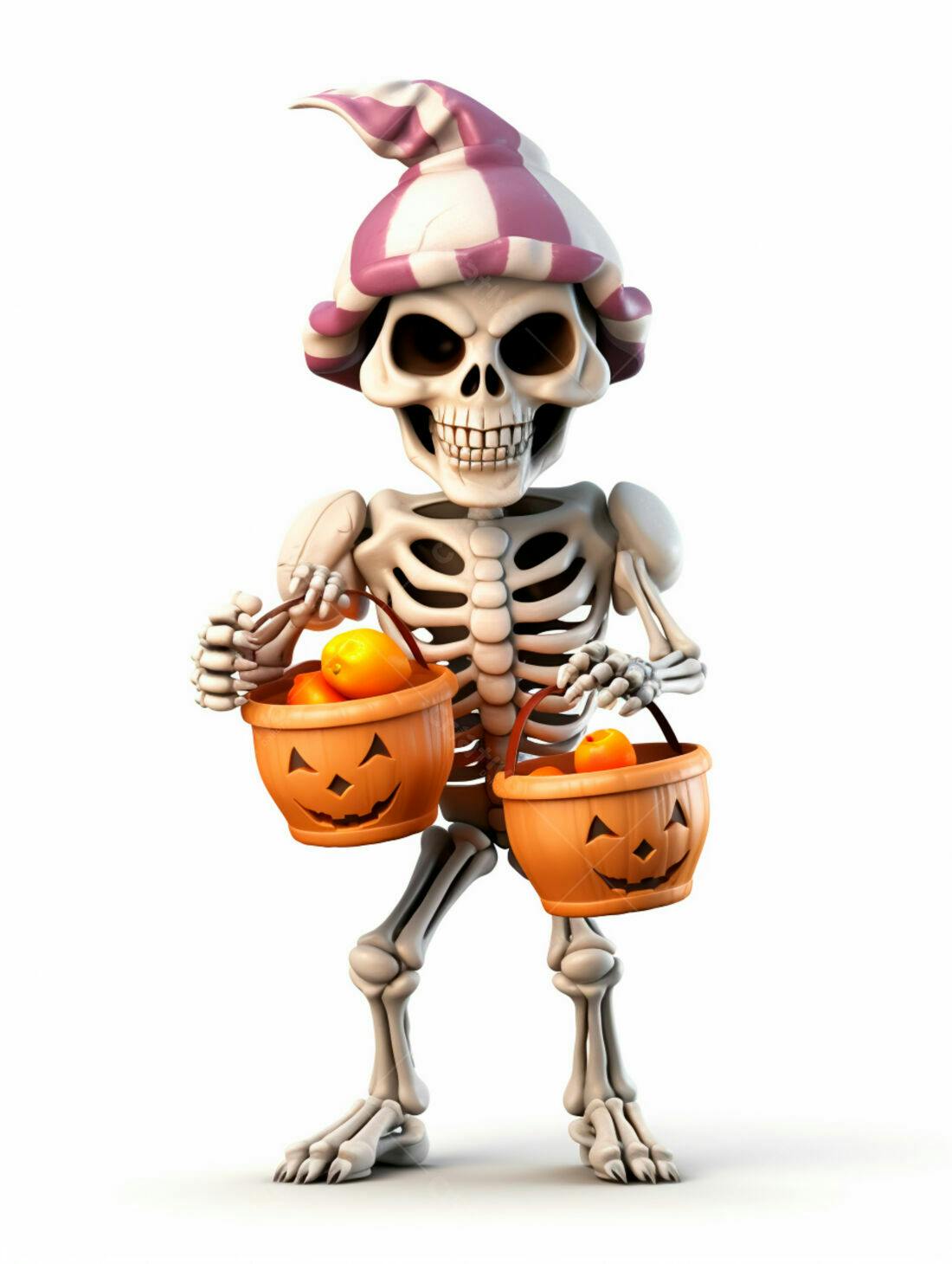 Esqueleto com doces de Halloween