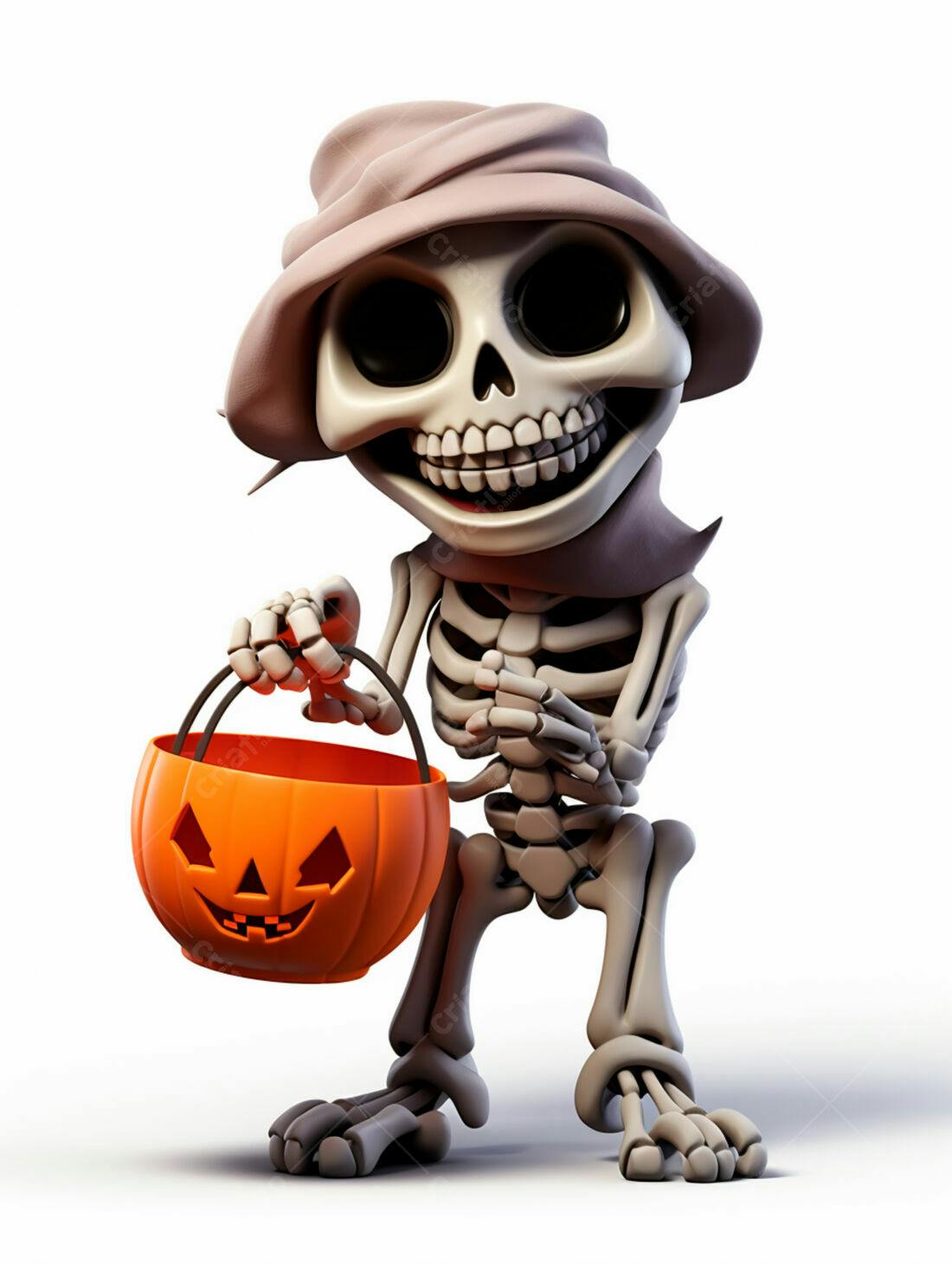 Esqueleto fofo com balde de doces Halloween