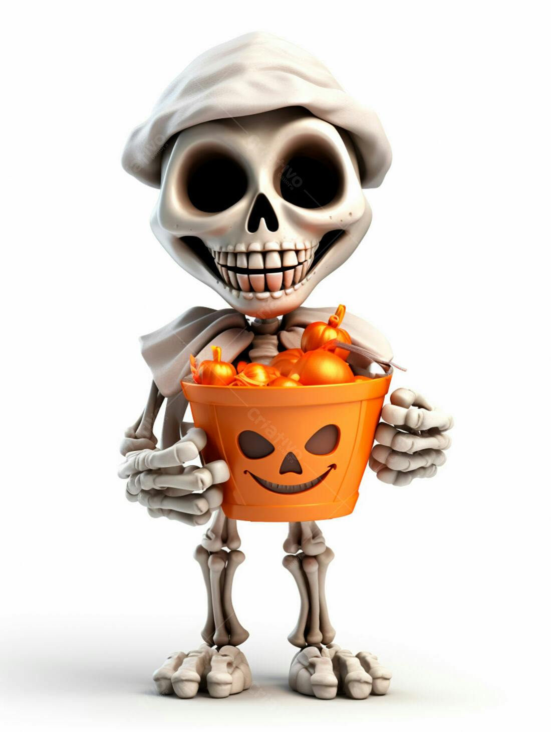 Esqueleto com balde de doces Halloween