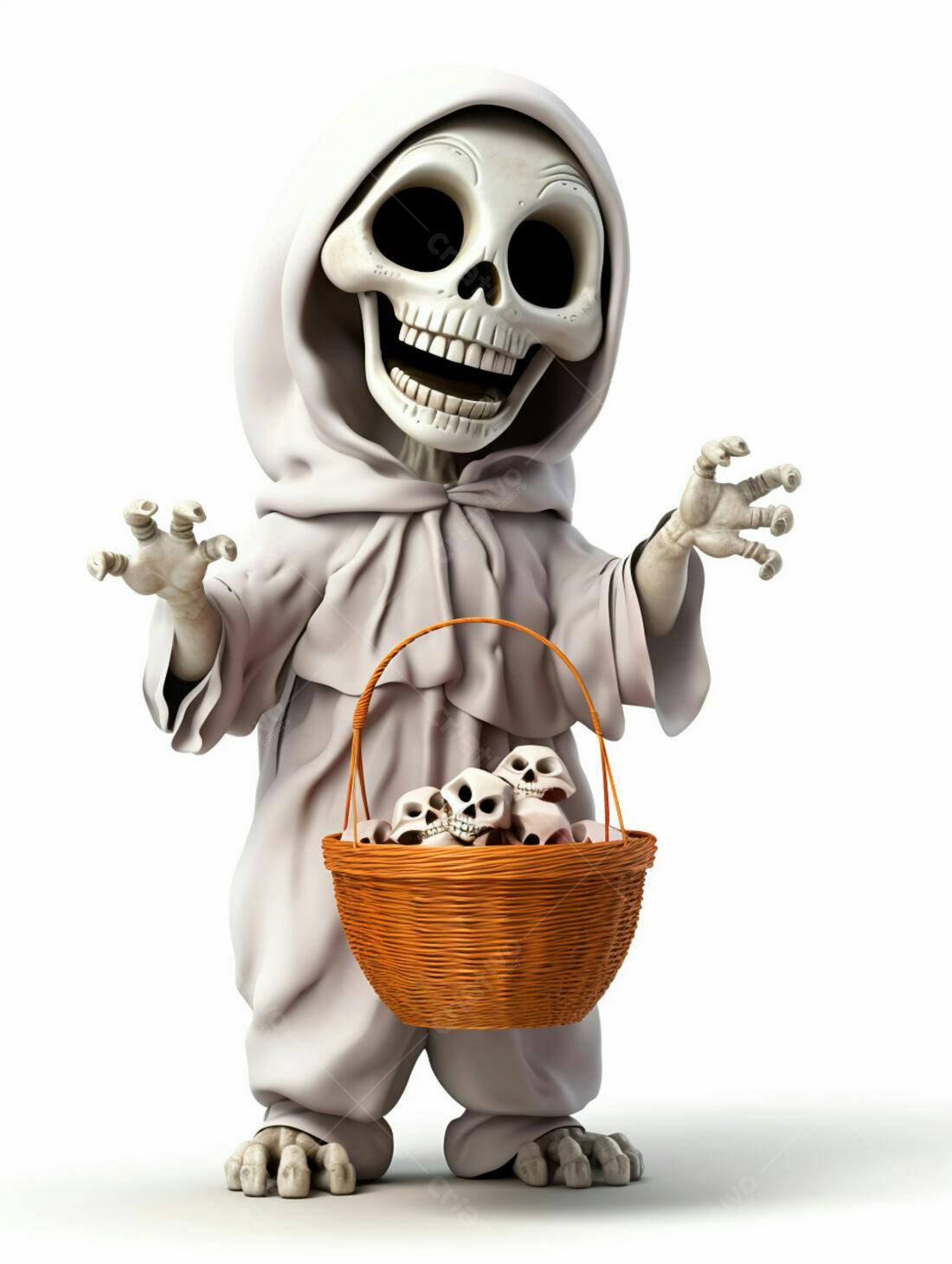Fantasma esqueleto com cesta de caveiras Halloween