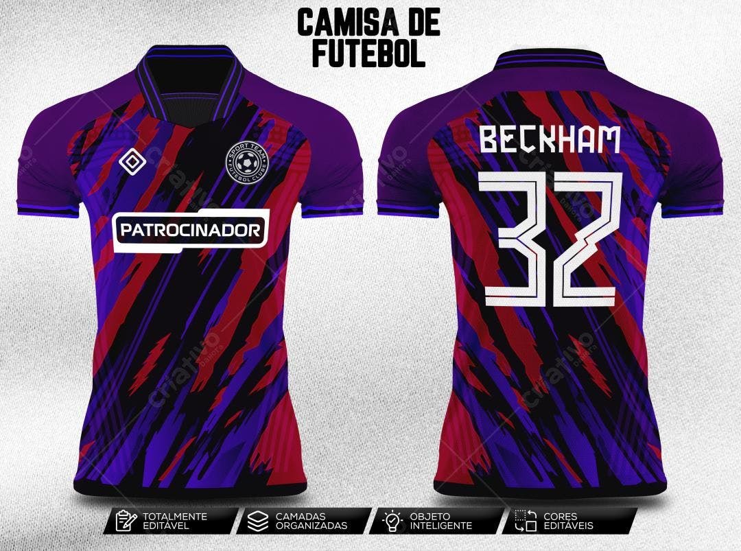 Mockup Camisa Futebol: Design Moderno Roxo e Vermelho