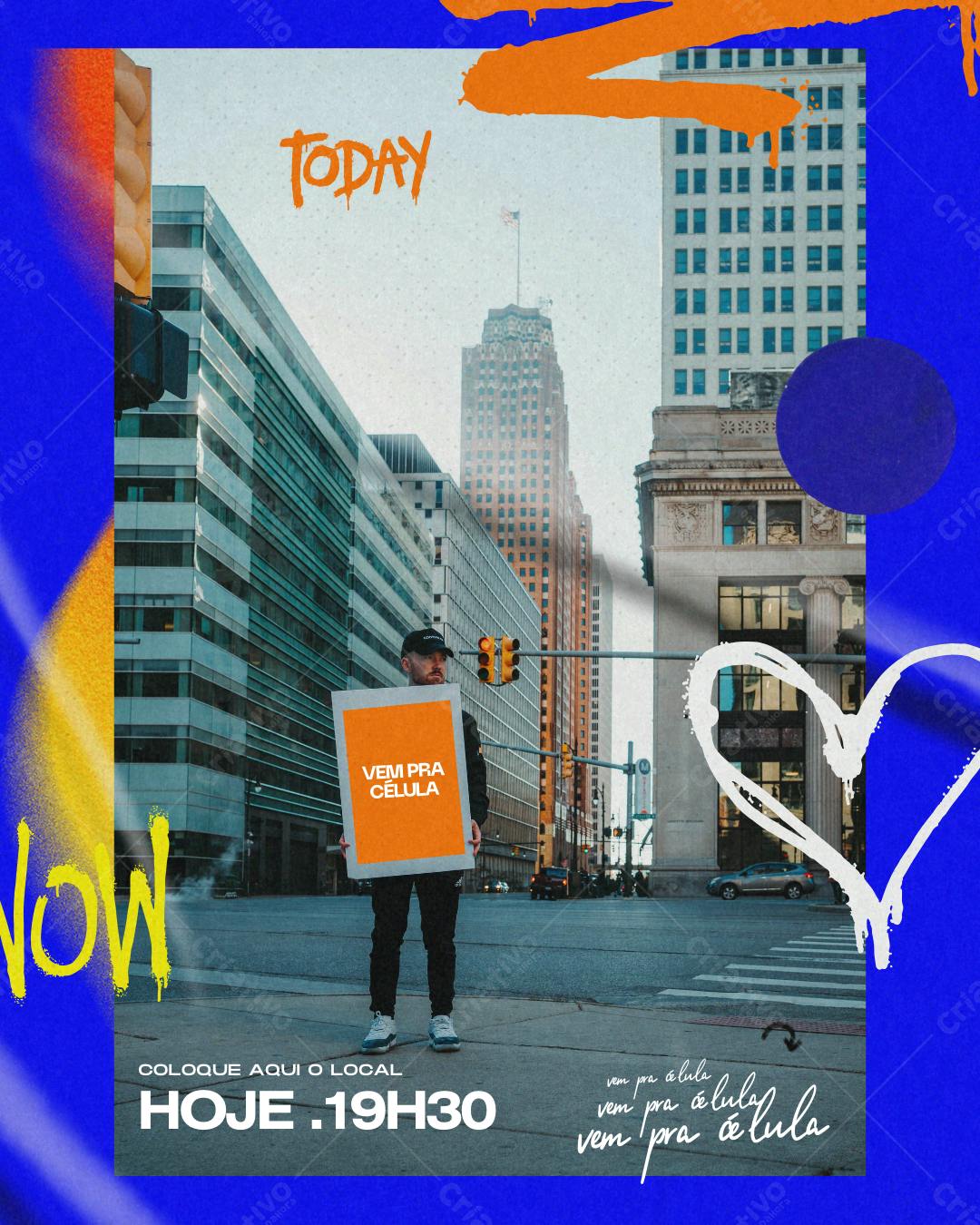 Post Instagram evento urbano azul e laranja Editável no Canva