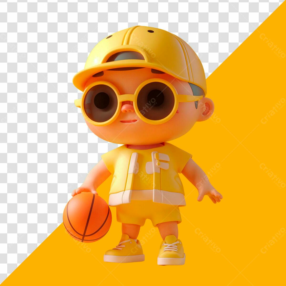 Personagem 3D Menino Basquete Amarelo PSD Editável