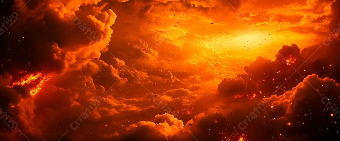 Céu infernal fogo laranja e nuvens escuras