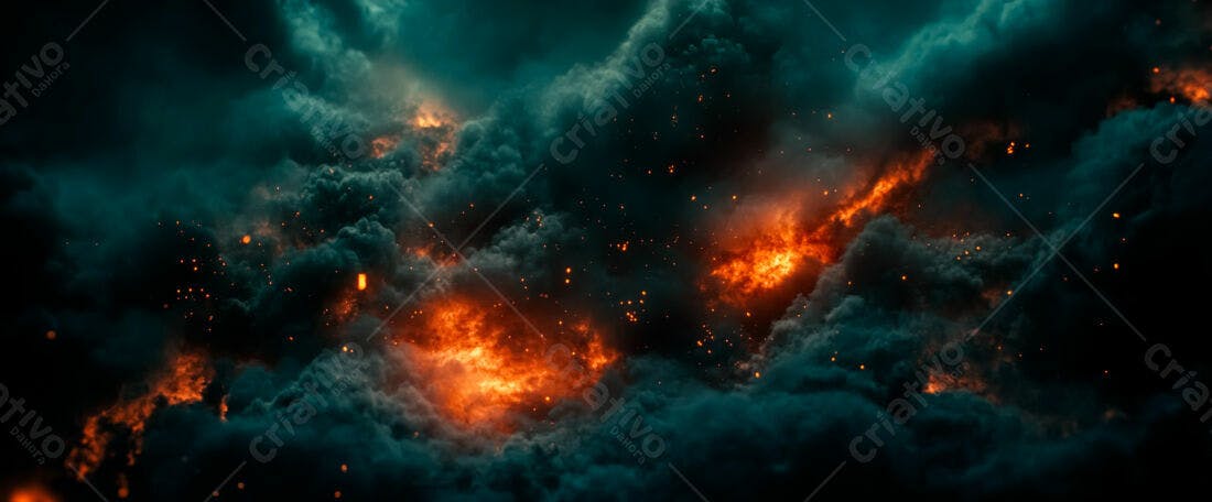 Nuvens escuras com fogo e cinzas