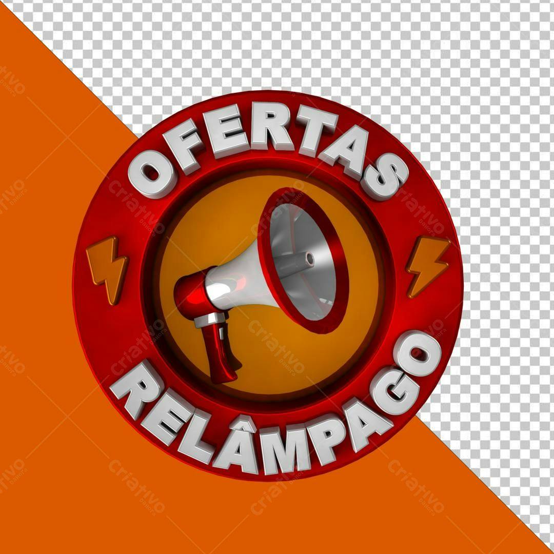 Selo 3D promocional vermelho e laranja com megafone
