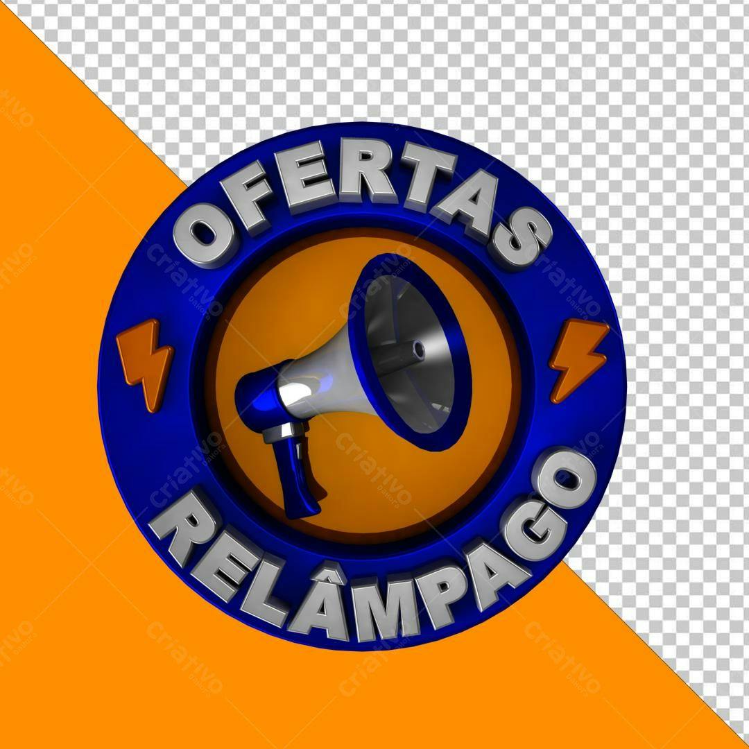 Selo 3D promocional azul e laranja com megafone