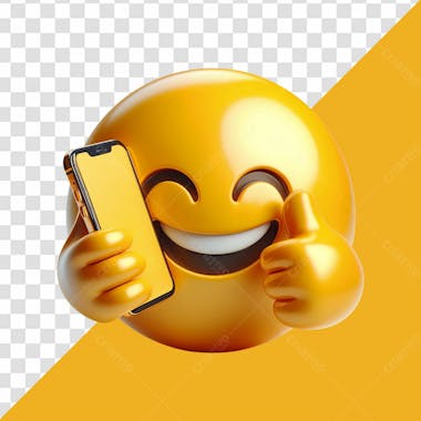 Elemento 3d emoji fazendo joinha com a mão enquanto segura um celular sorrindo