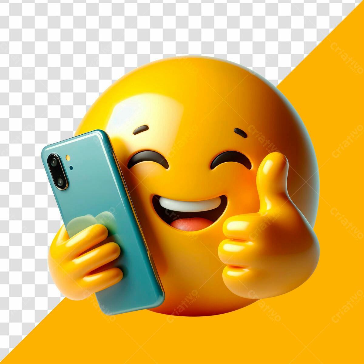Emoji Feliz com Smartphone PSD Editável