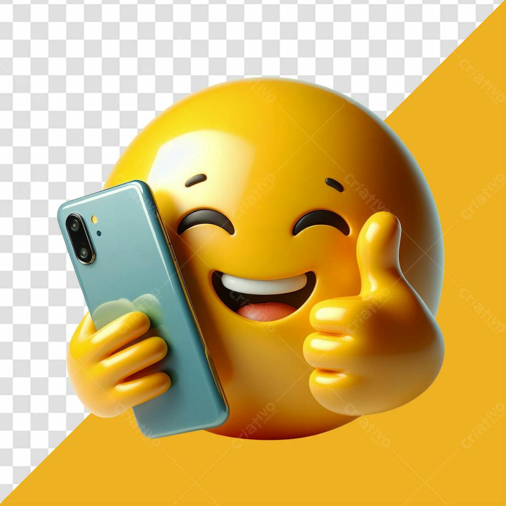 Elemento 3D Emoji Fazendo Joinha Com A Mão Enquanto Segura Um Celular Sorrindo