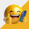 3d emoji character giving a thumbs up while holding a cell phone and smiling