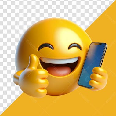 Elemento 3d emoji fazendo joinha com a mão enquanto segura um celular sorrindo