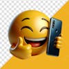 3d emoji character giving thumbs up while holding a smartphone and smiling