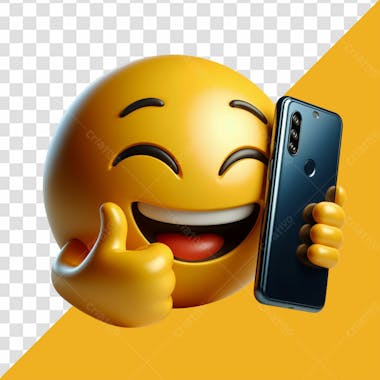 Elemento 3d emoji fazendo joinha com a mão enquanto segura um celular sorrindo