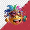 3d carnival emoji element with masks while holding a cell phone