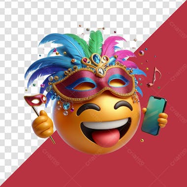 Elemento 3d emoji de carnaval com mascaras enquanto segura um celular