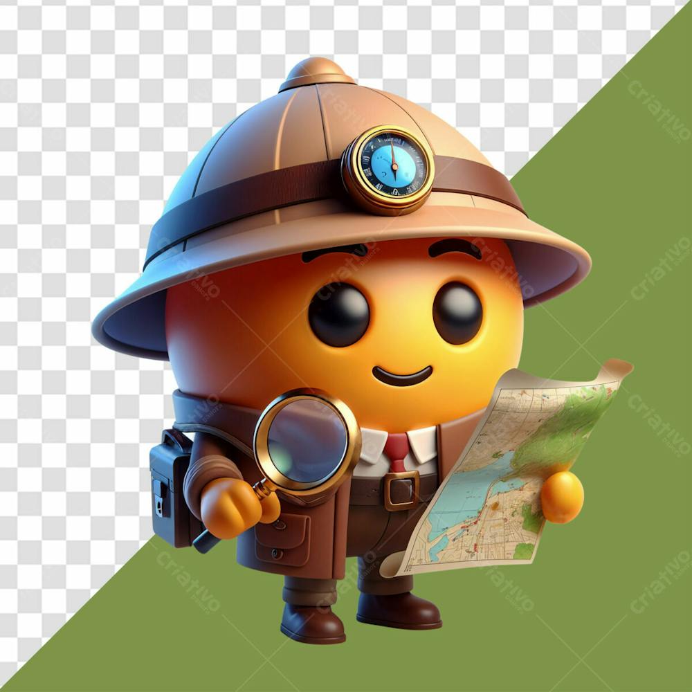 Elemento 3D Emoji Divertido De Aventureira Com Um Mapa E Lupa