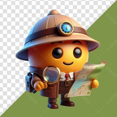 Elemento 3d emoji divertido de aventureira com um mapa e lupa