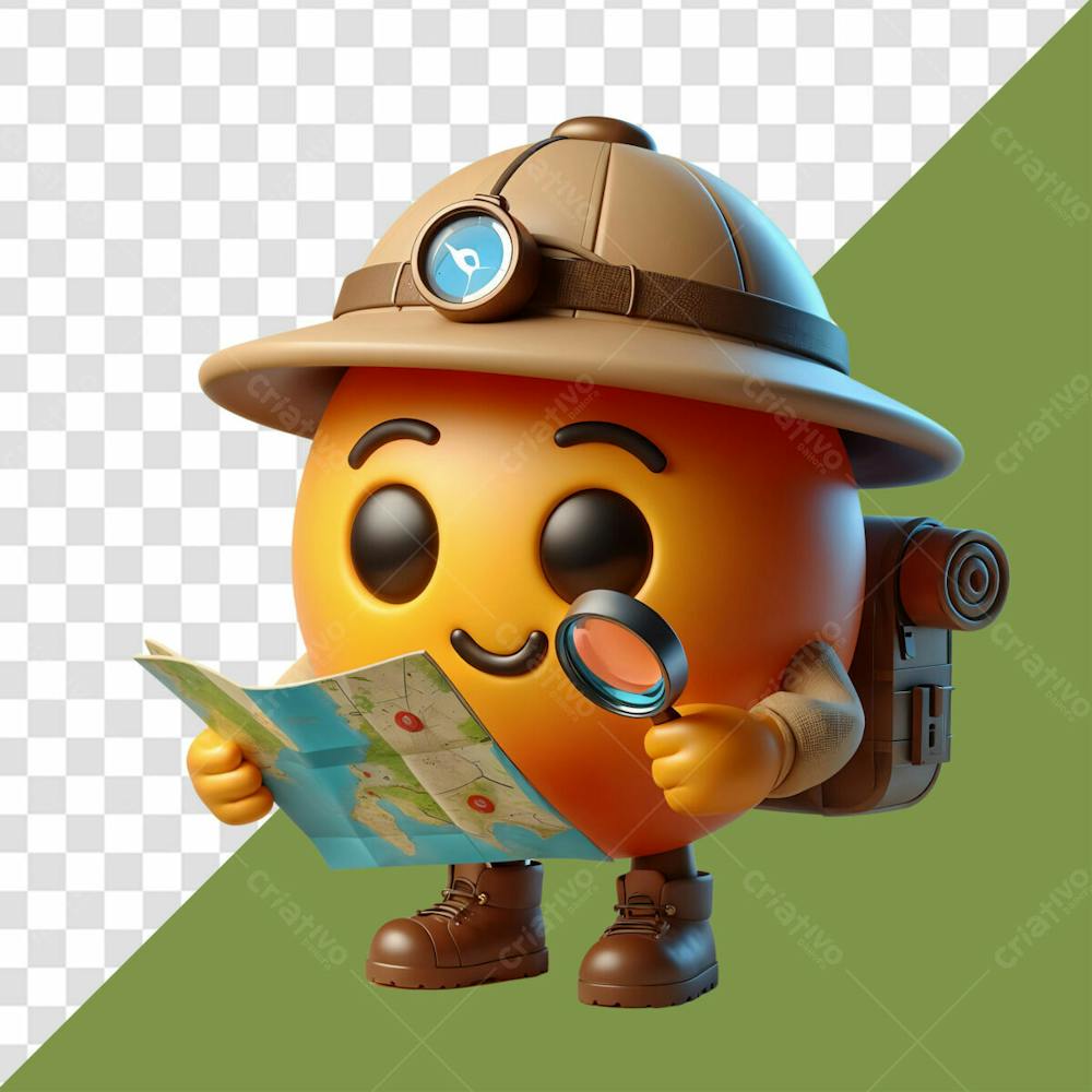 Elemento 3D Emoji Divertido De Aventureira Com Um Mapa E Lupa