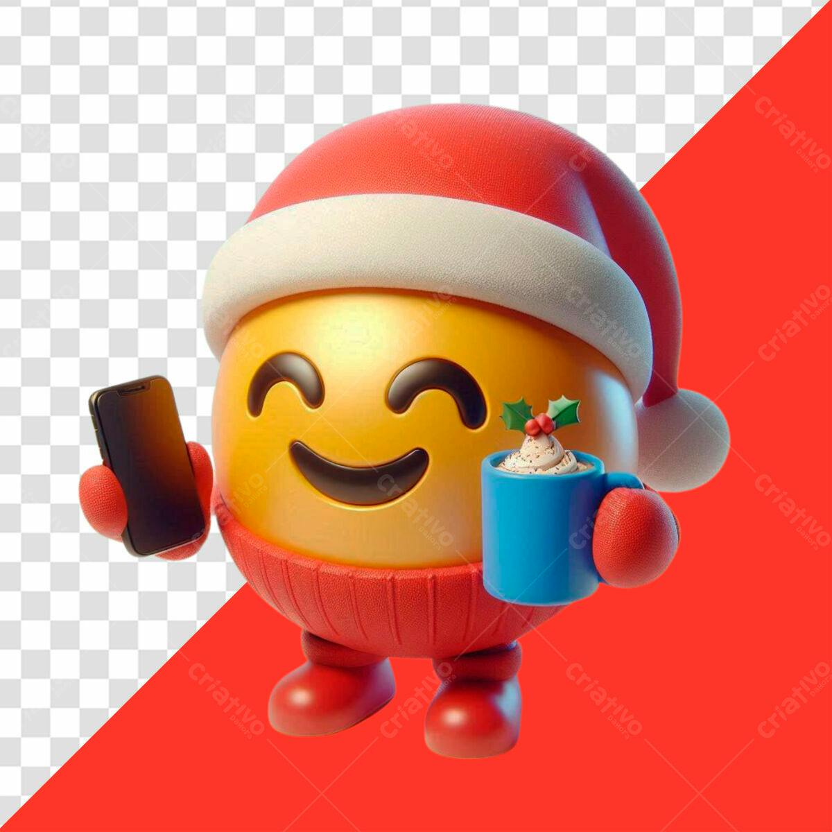 Emoji Natalino com Celular e Chocolate Quente PSD Editável