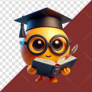 Elemento 3d emoji divertido de um aluno com chapeu de formatura e um livro