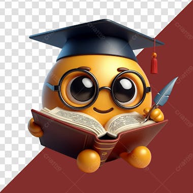 Elemento 3d emoji divertido de um aluno com chapeu de formatura e um livro