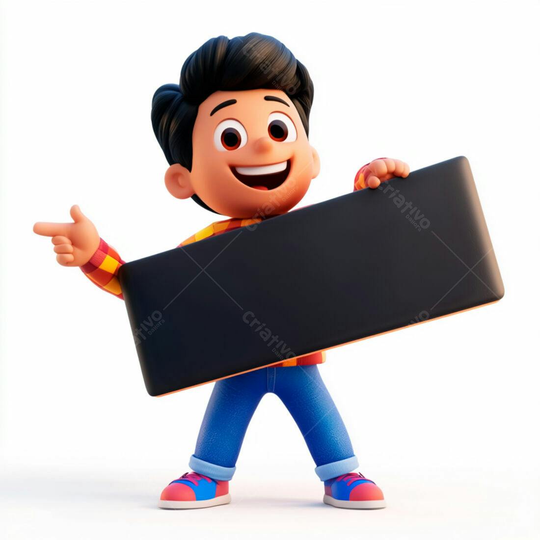 Menino sorridente segurando placa preta