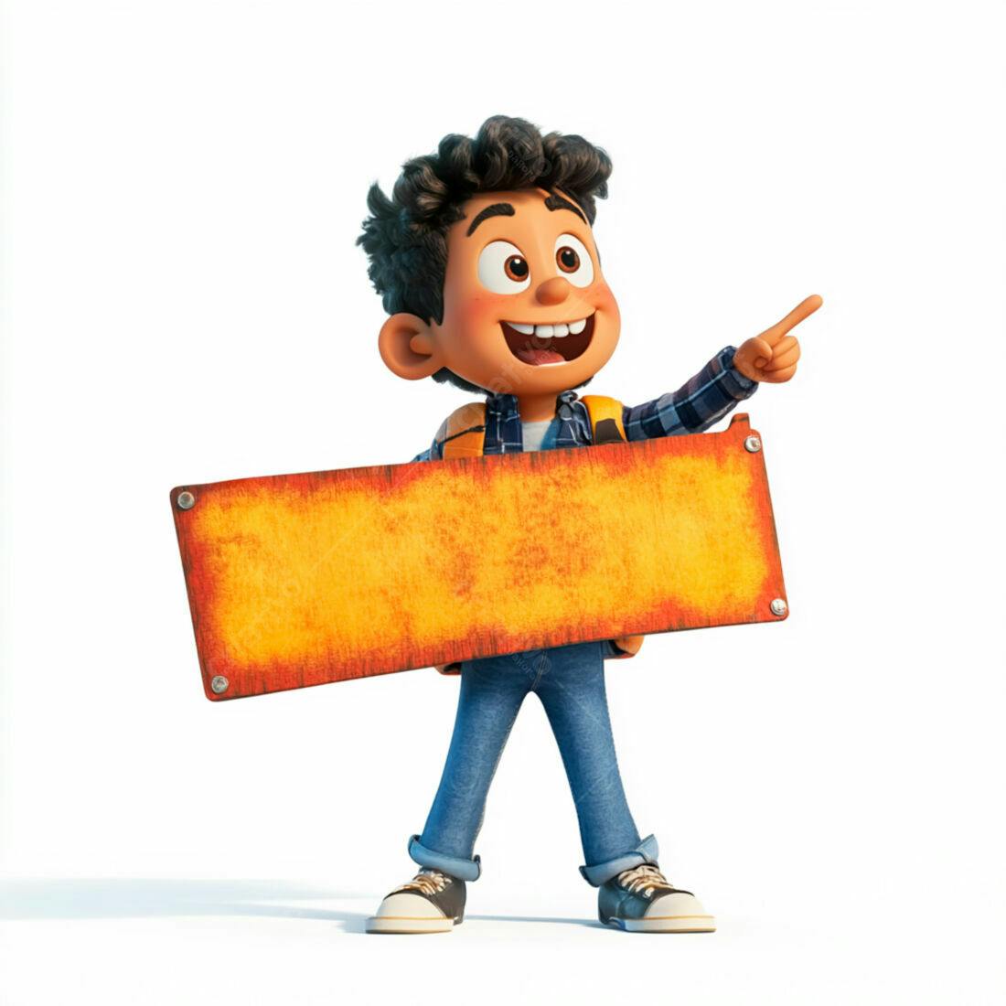 Menino animado segurando placa amarela