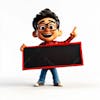 A 3d character smiling and holding a sign.