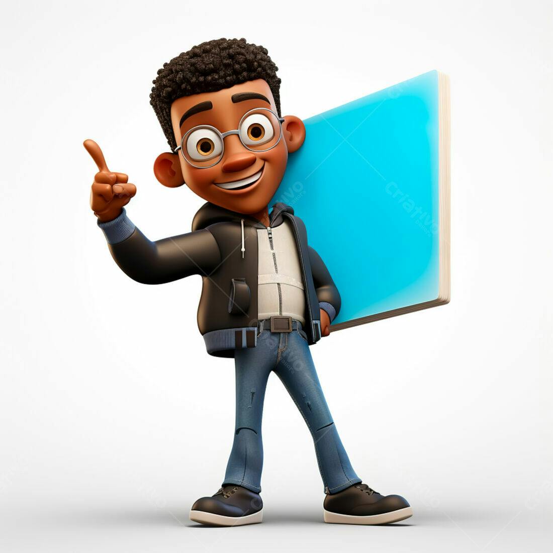 Menino animado com livro azul indicando algo