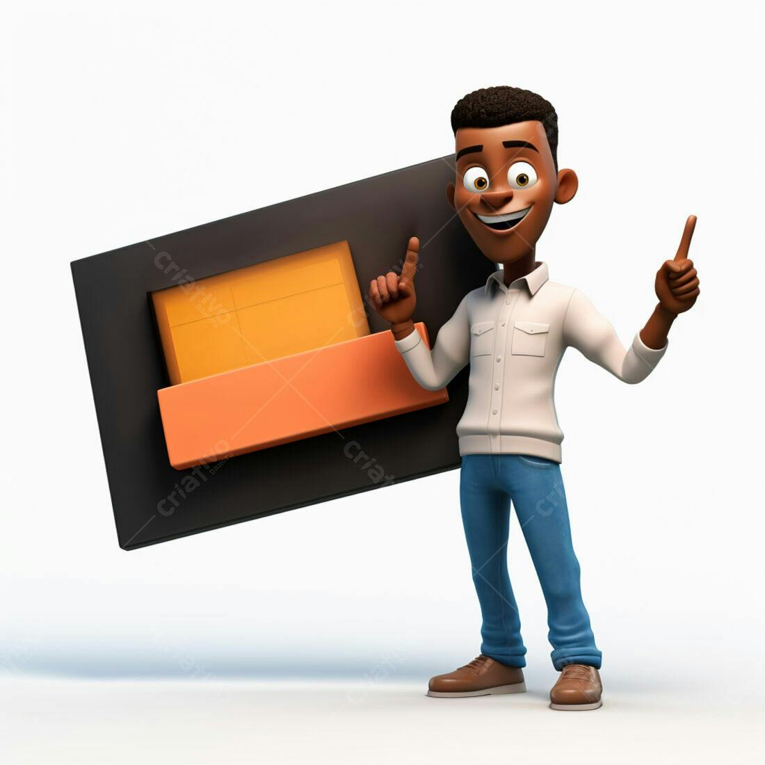 Rapaz animado apontando para caixa laranja e preta