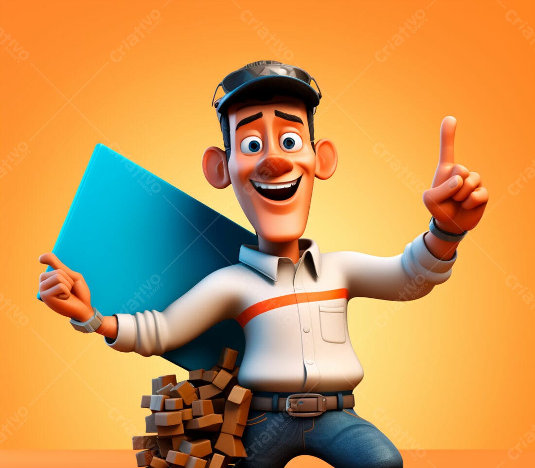 Personagem 3D alegre segurando placa azul