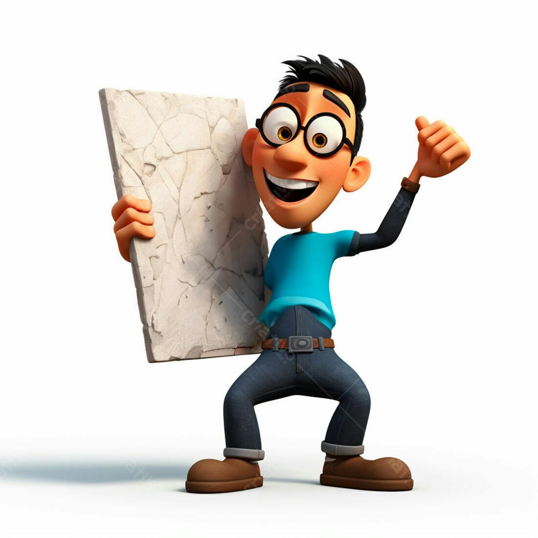 Desenho animado homem segurando placa de pedra