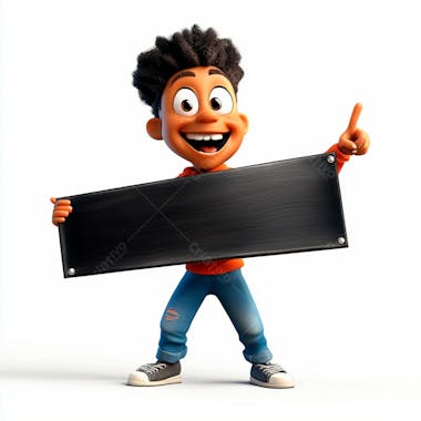 Um personagem 3d sorrindo e segurando uma placa