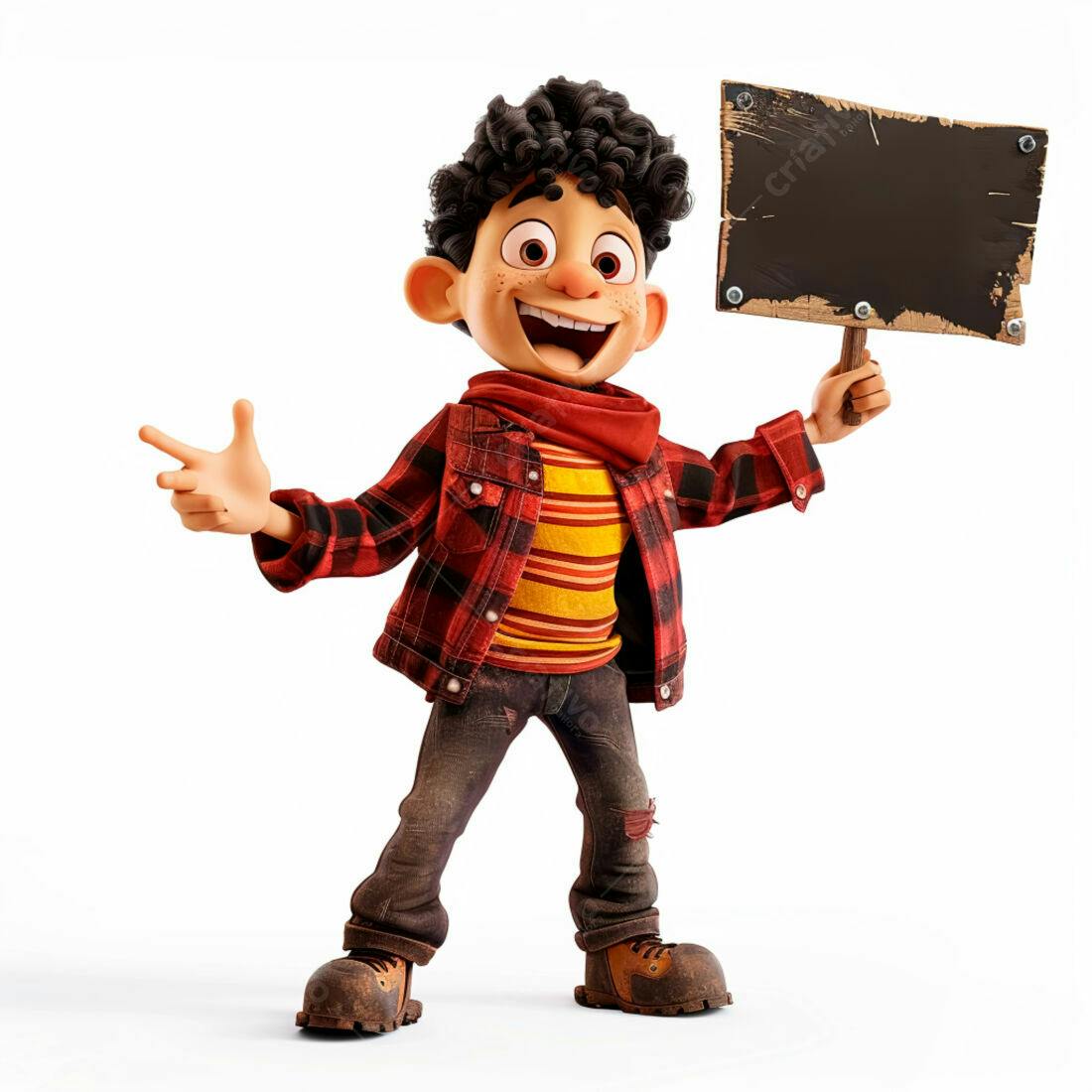 Menino animado segurando placa de madeira