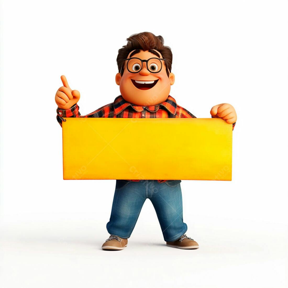 Personagem animado segurando placa amarela