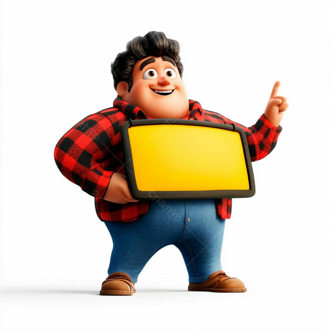 Personagem animado segurando placa amarela