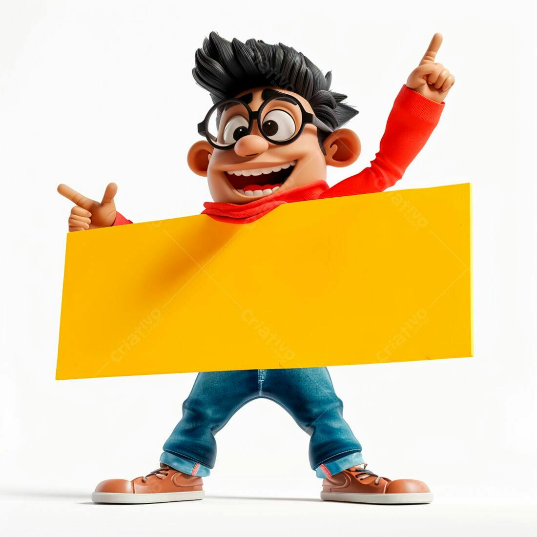 Personagem animado segurando placa amarela