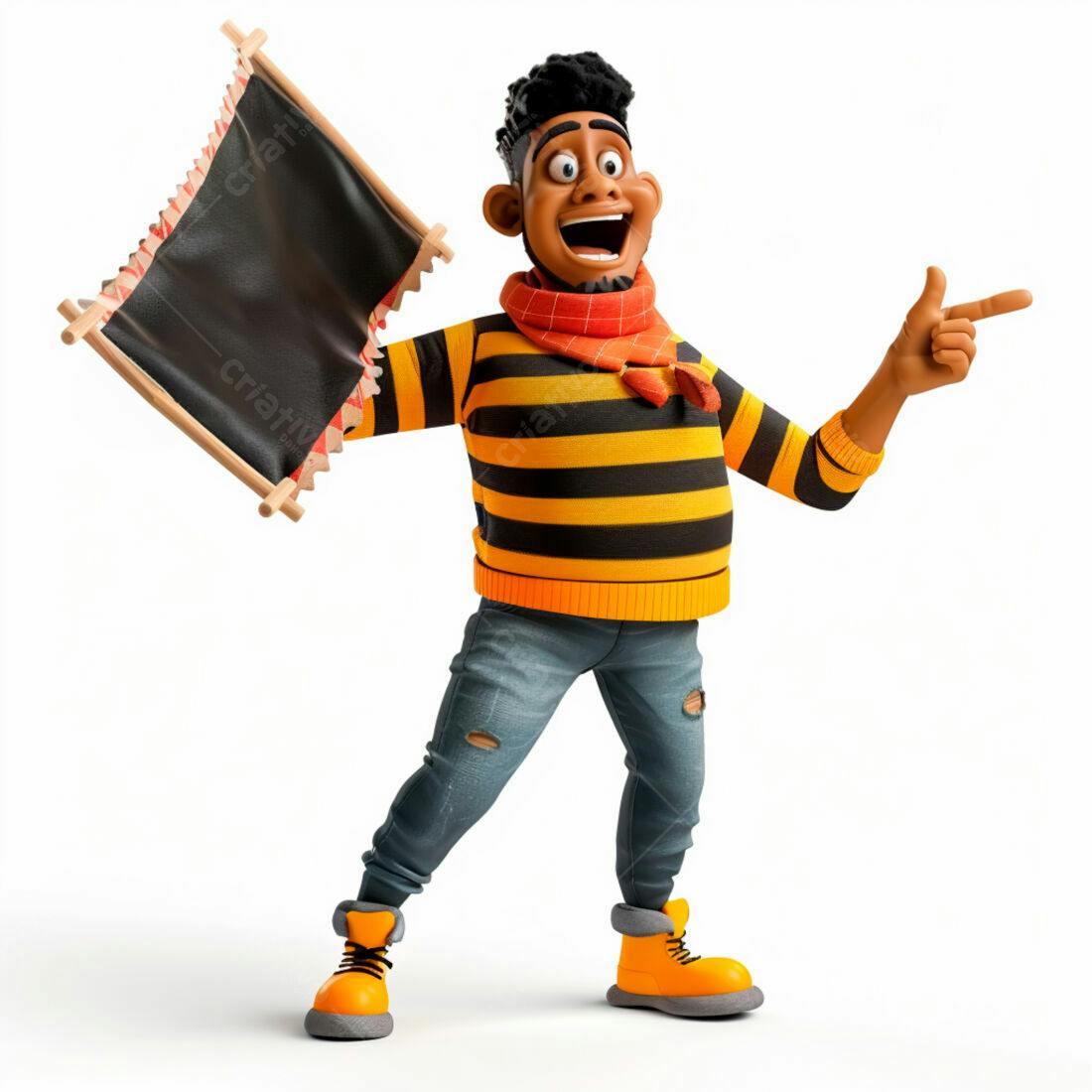 Personagem animado apontando quadro negro