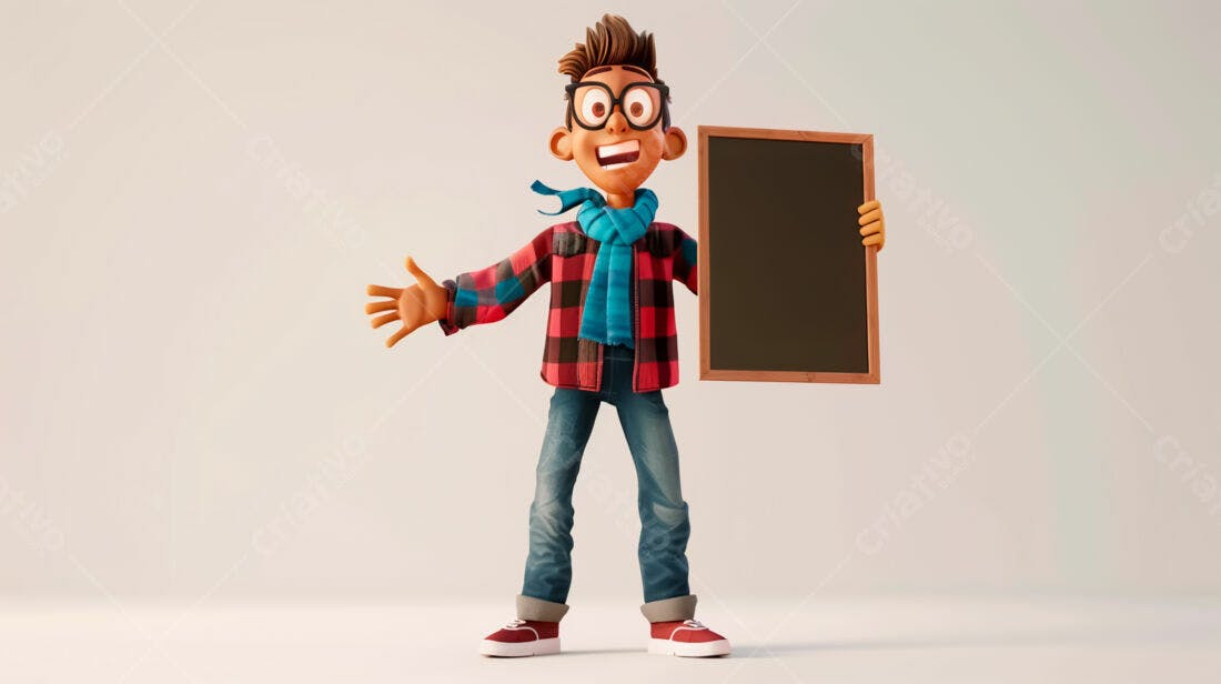 Personagem 3D segurando quadro negro