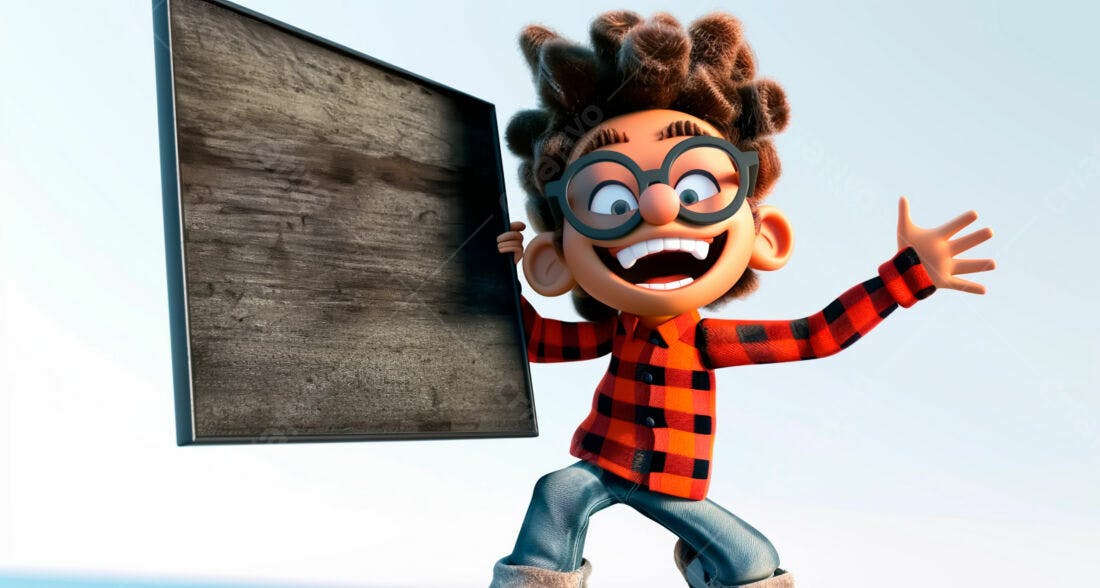 Personagem animado com placa de madeira