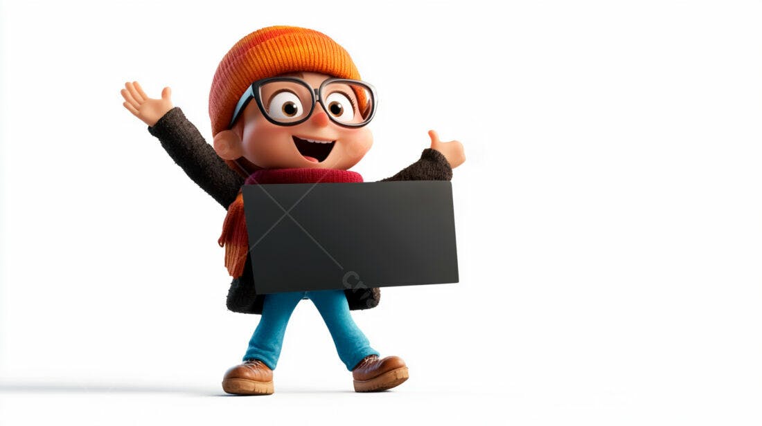 Menino animado segurando cartaz fundo branco