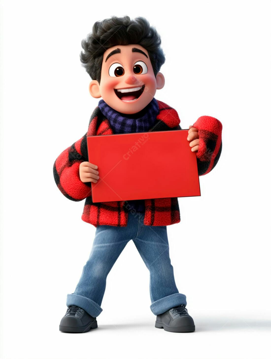 Menino animado segurando placa vermelha