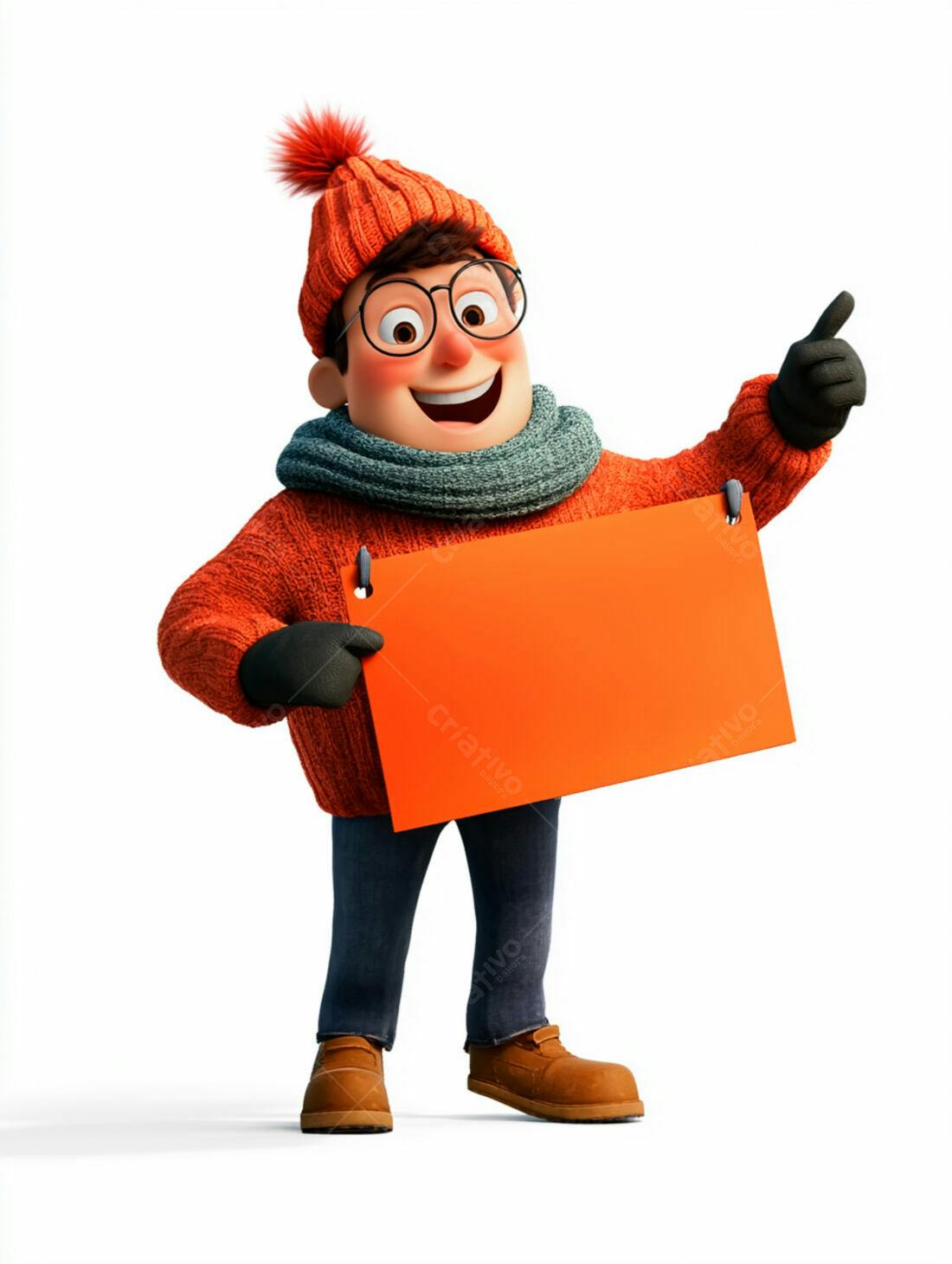 Personagem animado segurando cartaz laranja