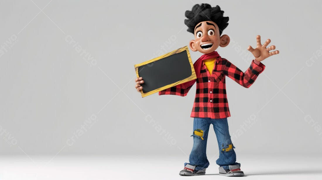 Personagem animado segurando quadro negro