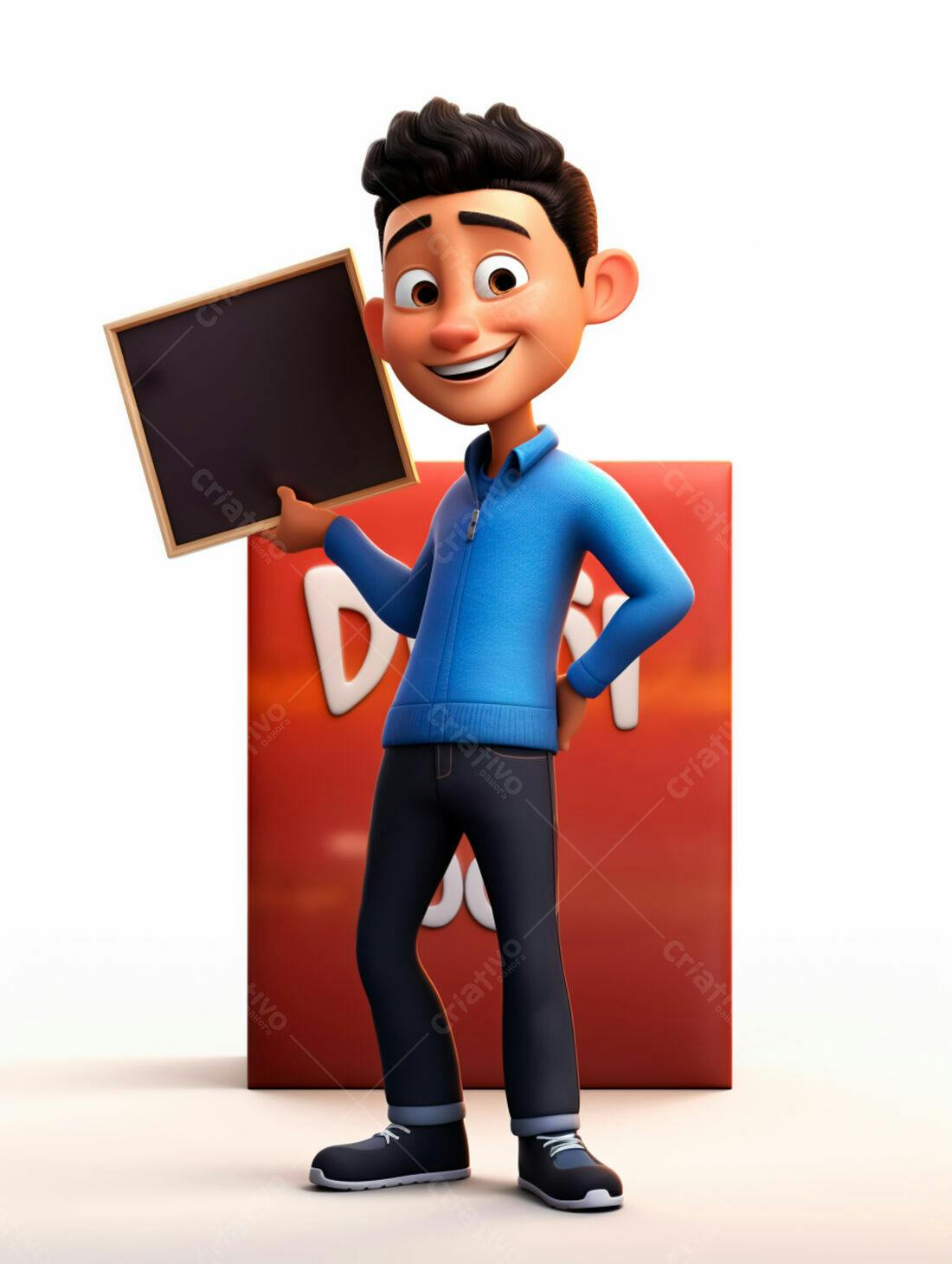 Menino animado segurando quadro negro