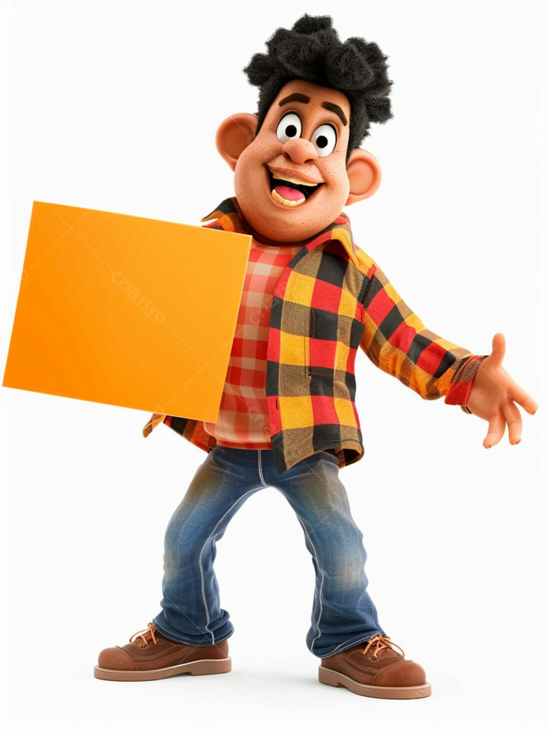 Personagem 3D alegre segurando placa laranja